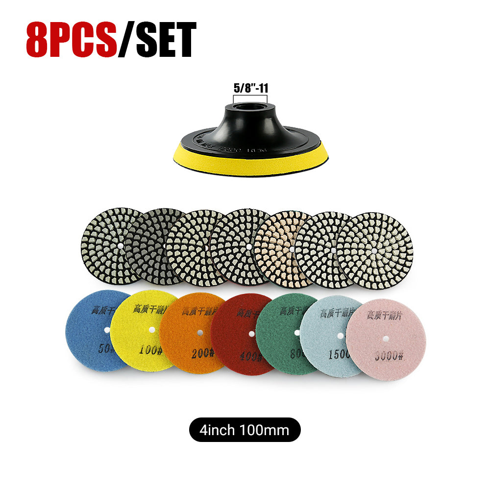 8PCS/set 4Inch Dry Diamond Pads - 50#-3000# Grit Marble/Quartz Stone Angle Grinder Polishing Disc