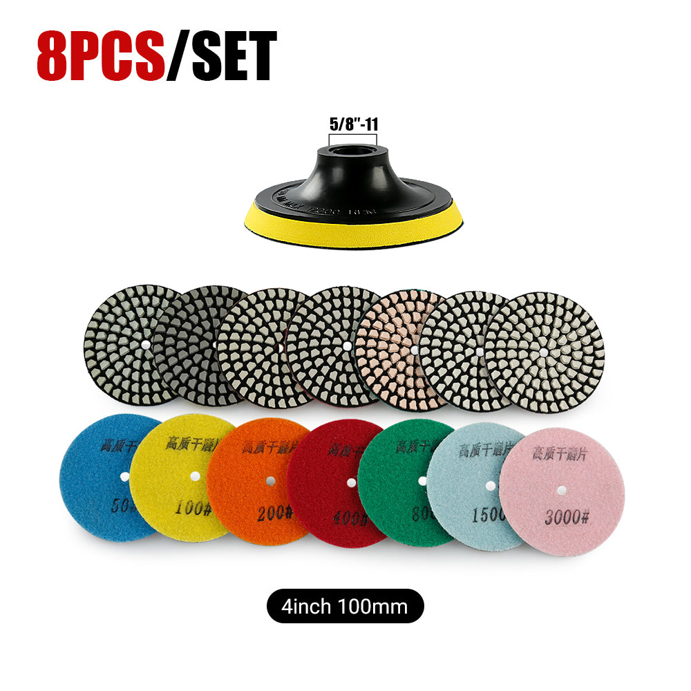 8PCS/set 4Inch Dry Diamond Pads - 50#-3000# Grit Marble/Quartz Stone Angle Grinder Polishing Disc