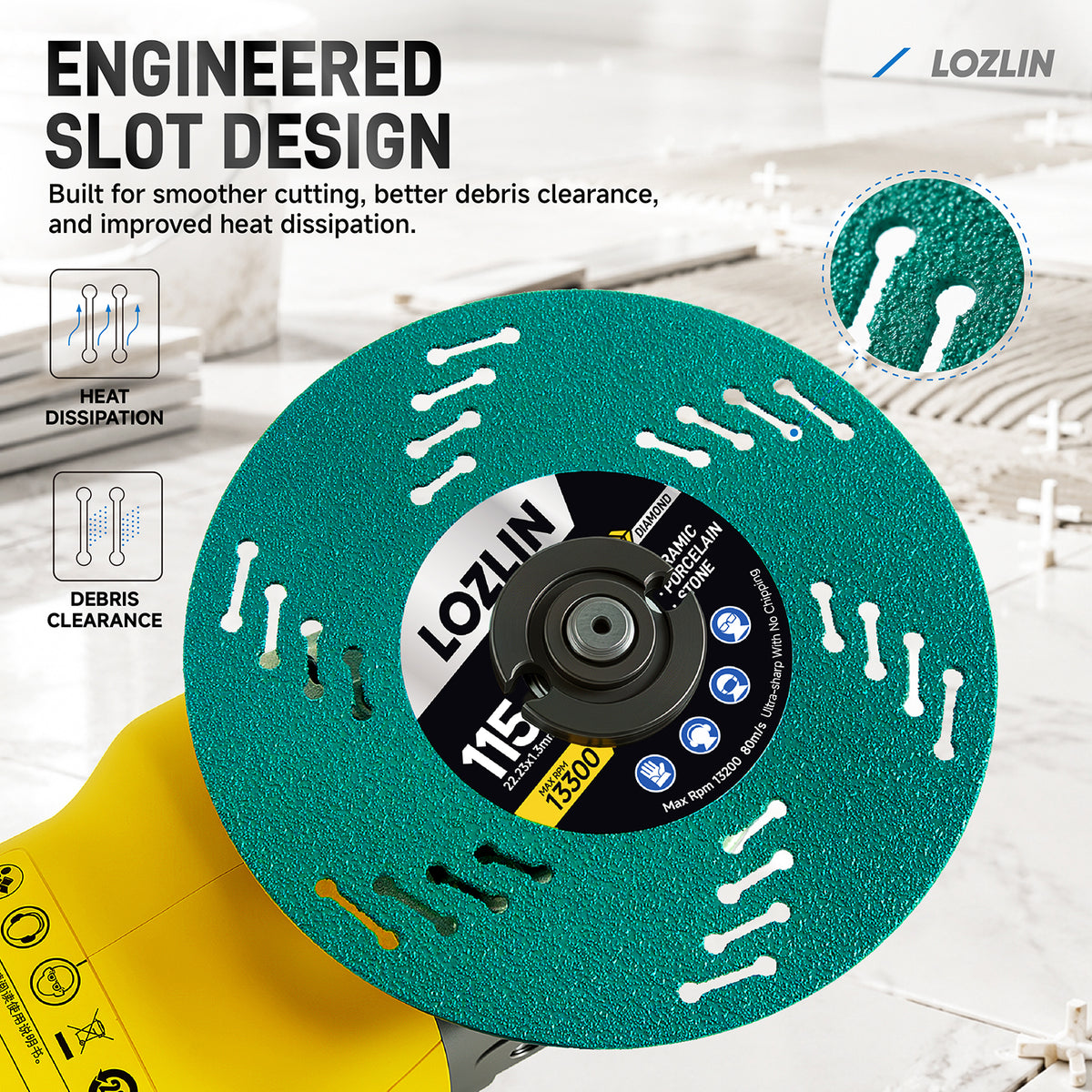 LOZLIN 3Pcs 115mm Ultra-Thin Mesh Turbine Diamond Saw Blade, Debris-Free Cuts for Tile, Ceramic and Marble