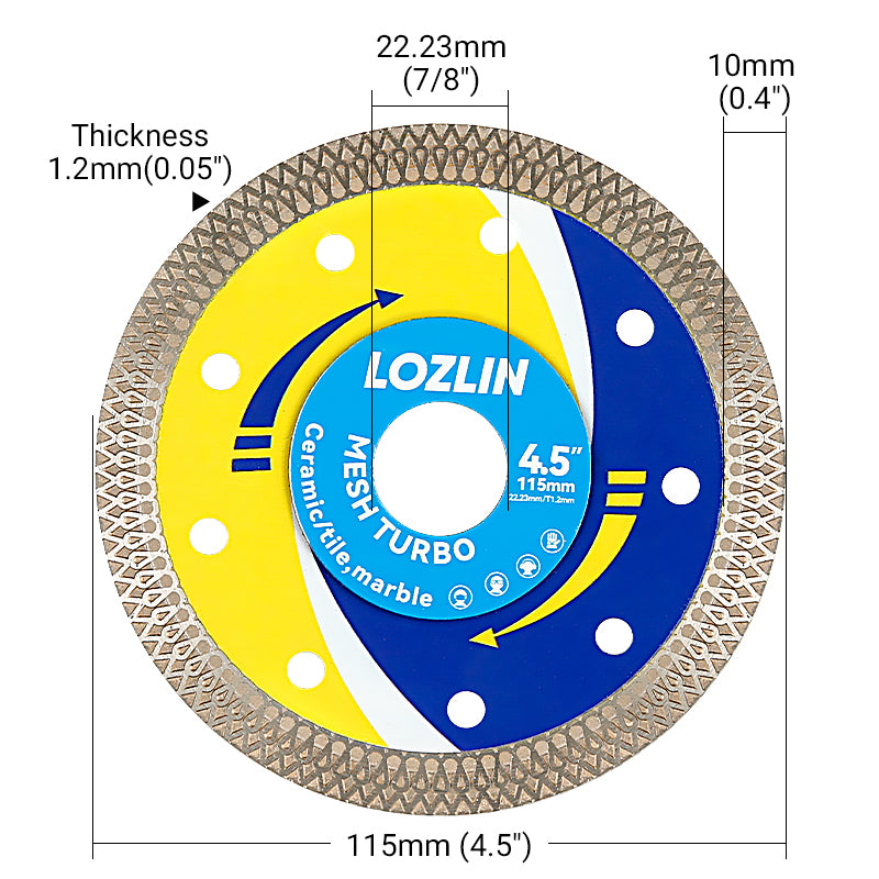 4.5"(115mm) Diamond Mesh Turbo Blades - Ultra Thin Dry Cutting for Tile, Stone & Ceramic - No Chipping Angle Grinder Saw Blades
