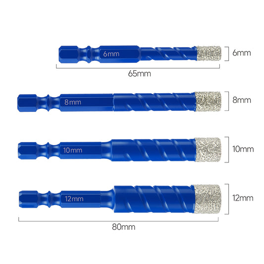 4PCS Diamond Hole Saw Drill Bit Set, 1/4 5/16 3/8 1/2 Inch for Porcelain Tile Ceramic Stone Granite Marble, Hex Shank Dry Drilling, 6/8/10/12mm
