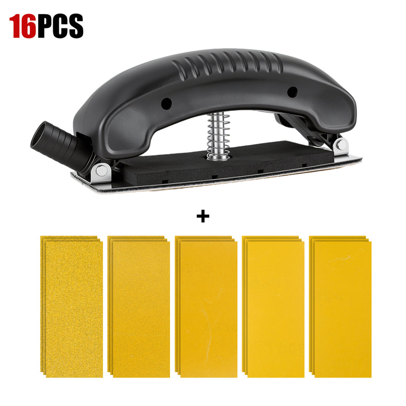 Sandpaper and Hand Sanding Block Set, featuring sandpaper in grits ranging from 80 to 800, with a mesh handle, for use on drywall, wood, metal furniture, and for removing and sanding automotive paint
