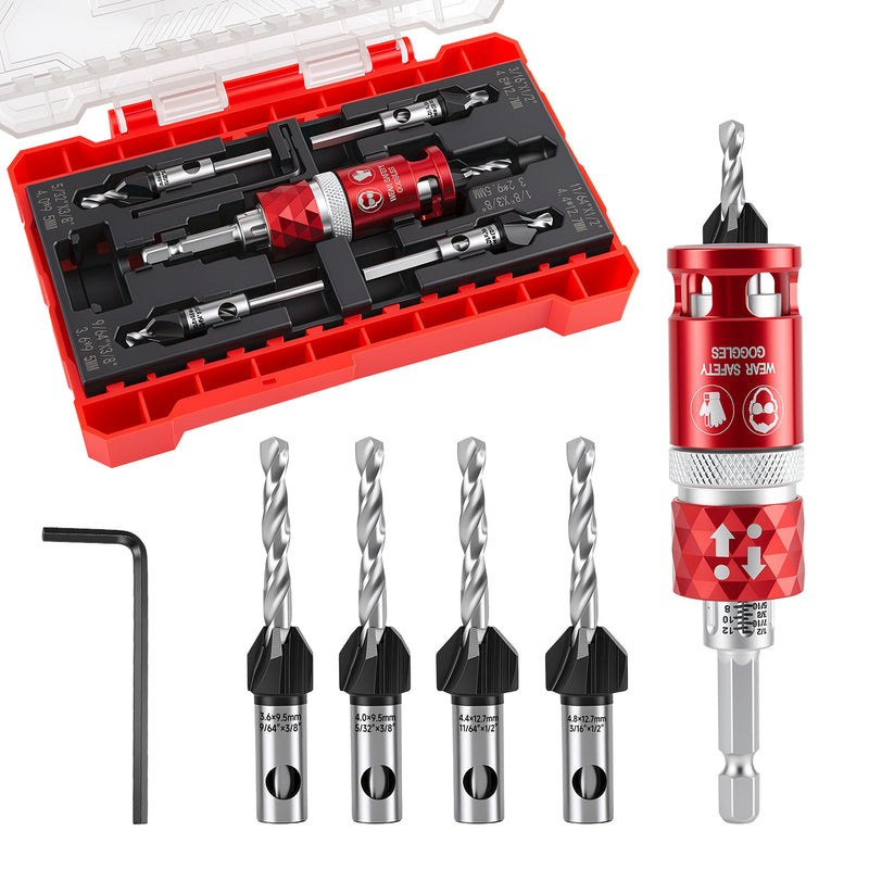 Hex-Shaft Woodworking Countersink Drill Bit with Scale, Adjustable, for Self-Tapping Screws—Multifunctional, High-Hardness Tungsten Carbide Drill Bit