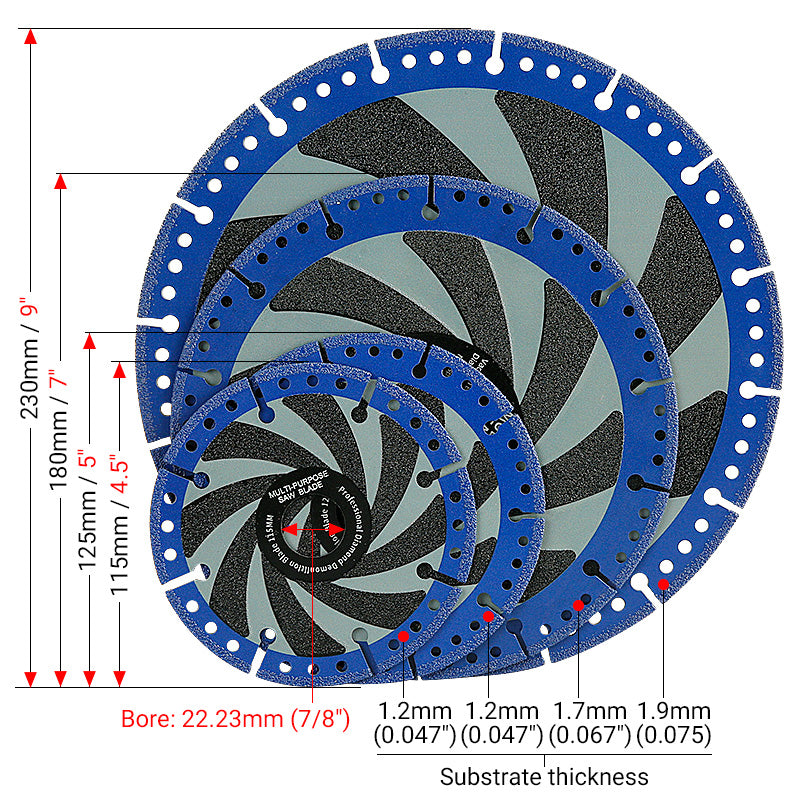 4.5"-5"-7"-9" (115-230mm) Diamond Cutting Blades - Multi-Material Angle Grinder Discs for Metal Stone Marble & Steel/Iron - Dry Cutting Saw Blades