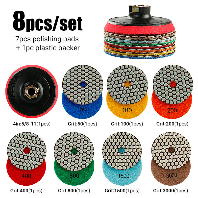 8PCS 4Inch Dry Diamond Polishing Pads - for Marble, Granite & Stone - Angle Grinder Buffing Discs Set, No Water Needed