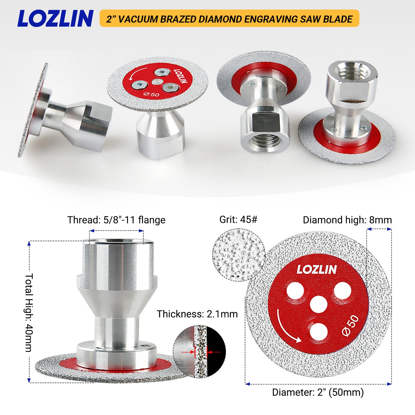 3PCS 2" (50mm) Diamond Vacuum Brazed Blades - 5/8-11 - M14 -M10 Detachable Flange for Angle Grinders - Cutting & Carving Stone, Tile, Metal Mini Grinding Discs