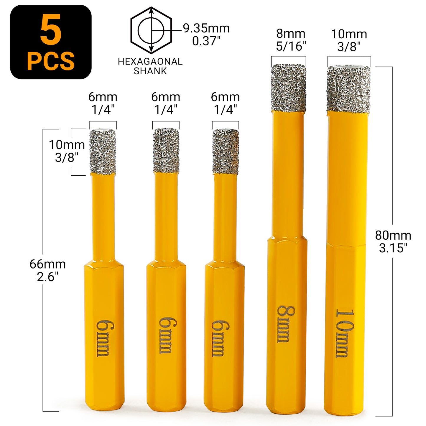 LOZLIN 5PCS 6-8-10mm Hexagonal Shank Brazed Dry Ceramic Tile Drill Bit Marble Granite Vitrified Tile Hole Opener Diamond Drill Bit