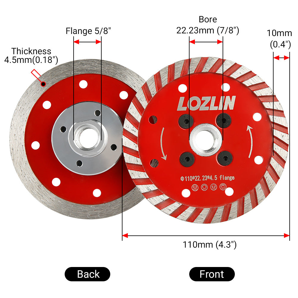 4.3" (110mm) Diamond Saw Blade - Cutting & Grinding for Granite, Concrete & Stone - 5/8-11 M14 M10 Arbor Angle Grinder Blade for Chamfering/Trimming/Shaping