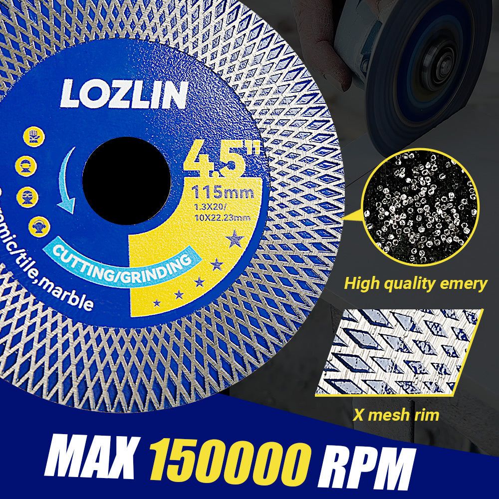 LOZLIN 115mm (4.5") Mesh Turbo Diamond Cutting Blades - Dry Ultra Thin for Rock Slabs, Ceramic & Marble - Angle Grinder Blades for Cutting, Grinding & Sanding