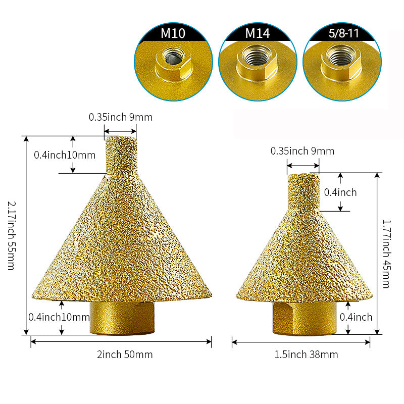 Diamond Tapered Chamfering Bit - 5/8-11 M14 M10 Thread Hole Opener for Tile, Marble & Quartz - Umbrella Grinding Tool for Drilling, Reaming & Edge Beveling