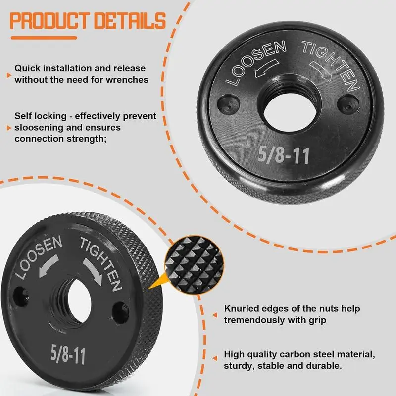Self-Tightening Lock Nut 5/8"-11 M14 M10 Thread Flange Nut, 1-5/8" OD 1/2" Height, Anti-Loosening Fastener for Portable Angle Grinder