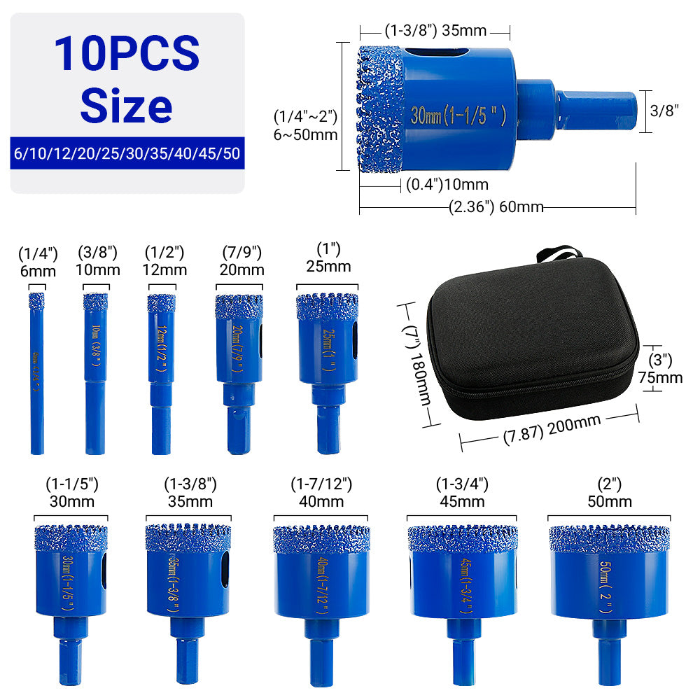 10PCS Diamond Drill Bit Set - for Marble Tile & Stone Drilling - Hole Opener Kit withFit Electric Drills - Wet/Dry Masonry Drilling Tools