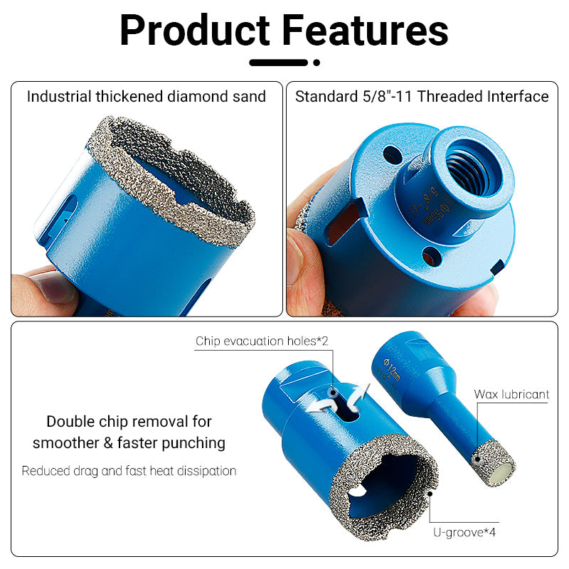 11PCS Dry Diamond Drill Bit Set (6mm-68mm) - No Water Needed for Porcelain Tile/Granite/Glass - Includes Storage Case & Angle Grinder Adapter