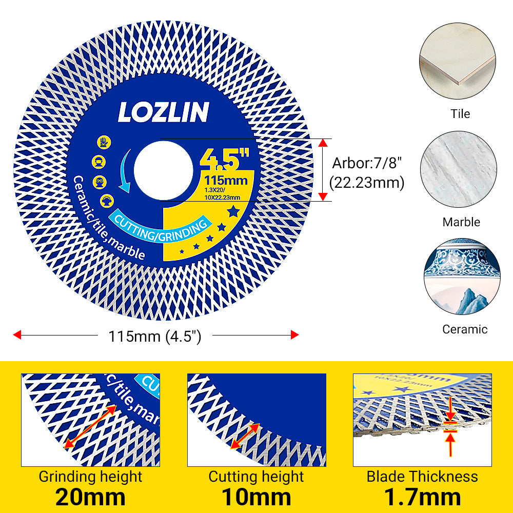 LOZLIN 115mm (4.5") Mesh Turbo Diamond Cutting Blades - Dry Ultra Thin for Rock Slabs, Ceramic & Marble - Angle Grinder Blades for Cutting, Grinding & Sanding