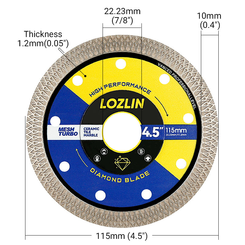 LOZLIN 4.5"(115mm) Mesh Turbo Diamond Cutting Disc - Dry/Wet Grinding & Cutting Wheel for Tile, Ceramic, Marble - Angle Grinder & Rotary Tool for Masonry/DIY