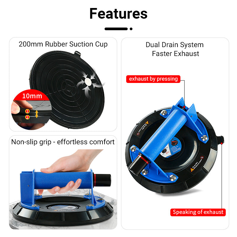 8Inch Double-Thickness Heavy Duty Vacuum Suction Cups - 510lbs/230kg Lift Capacity for Glass, Granite, Quartz & Tile - Lifter with Anti-Slip Grip