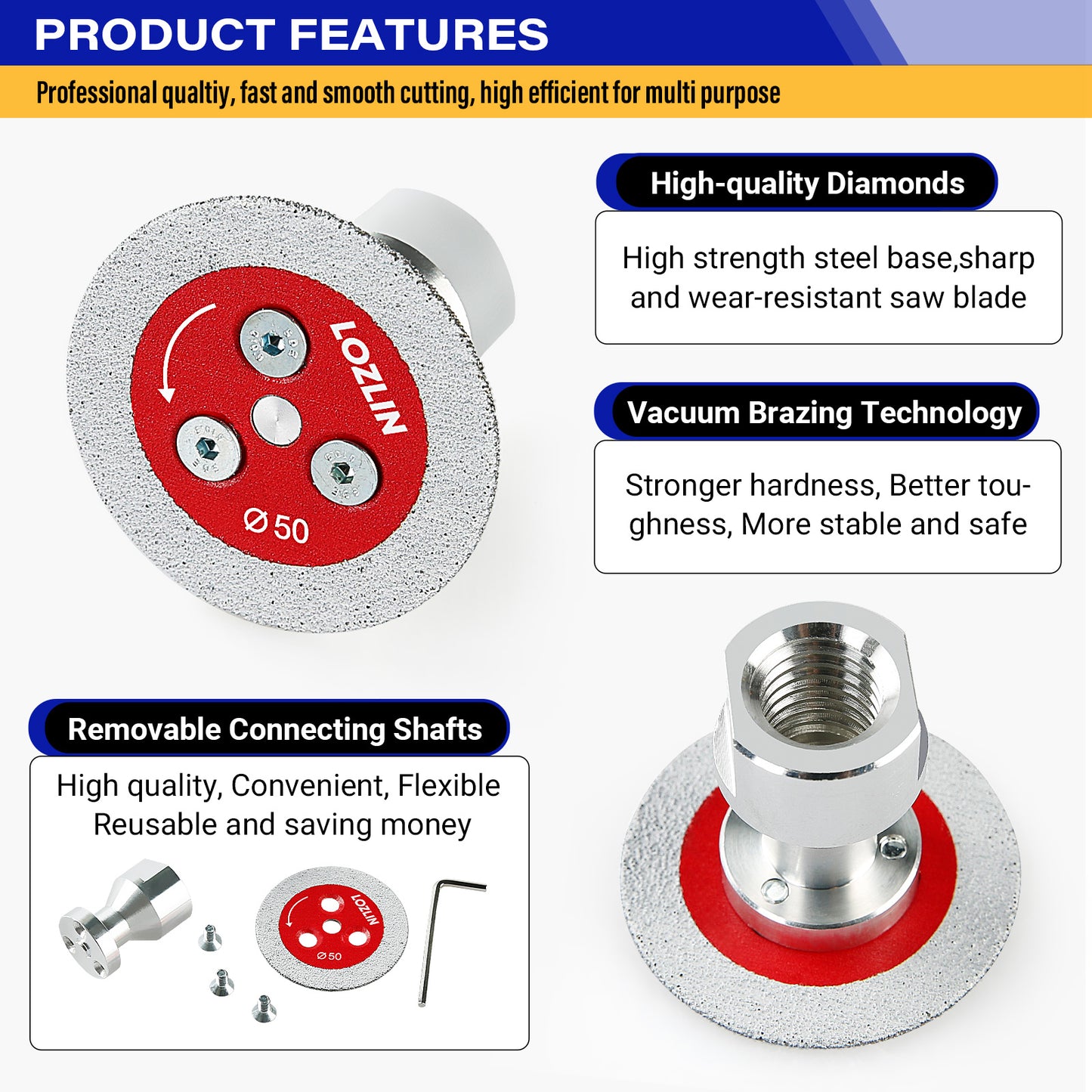 3PCS 2" (50mm) Diamond Vacuum Brazed Blades - 5/8-11 - M14 -M10 Detachable Flange for Angle Grinders - Cutting & Carving Stone, Tile, Metal Mini Grinding Discs