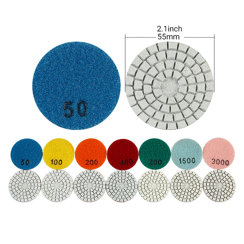 8PCS 2 Inch (50mm) Diamond Polishing Pads, Wet/Dry Hook & Loop Backing, for Granite, Marble, Quartz, Jade – Angle Grinder Grinding Discs, Stone Countertop & Tile Polishing – #50-#3000 Grit Set