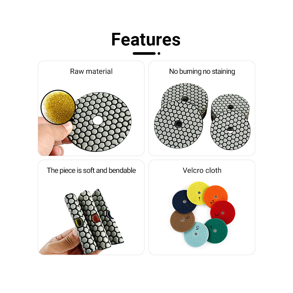 8PCS 4" Dry Diamond Polishing Pads Kit - 50#-3000# Grit for Granite/Marble Stone, Angle Grinder Polishing Discs