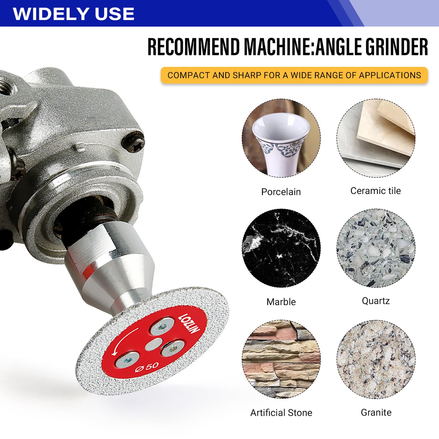 3PCS 2" (50mm) Diamond Vacuum Brazed Blades - 5/8-11 - M14 -M10 Detachable Flange for Angle Grinders - Cutting & Carving Stone, Tile, Metal Mini Grinding Discs