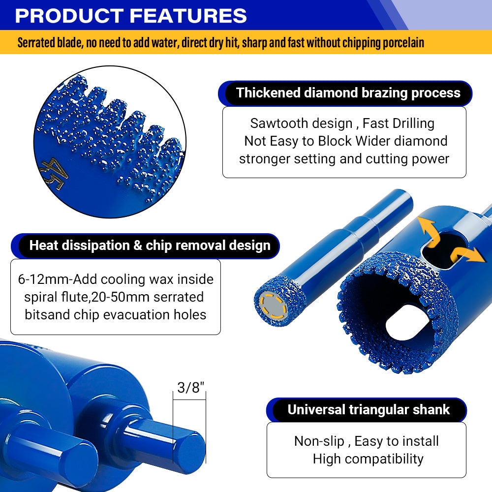 10PCS Diamond Drill Bit Set - for Marble Tile & Stone Drilling - Hole Opener Kit withFit Electric Drills - Wet/Dry Masonry Drilling Tools