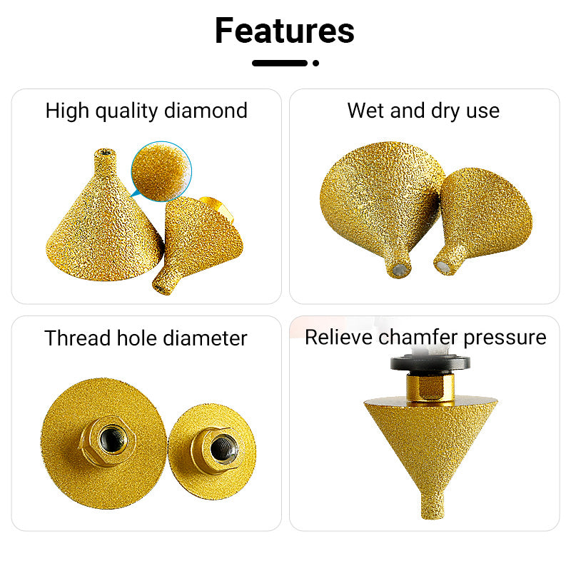 Diamond Tapered Chamfering Bit - 5/8-11 M14 M10 Thread Hole Opener for Tile, Marble & Quartz - Umbrella Grinding Tool for Drilling, Reaming & Edge Beveling