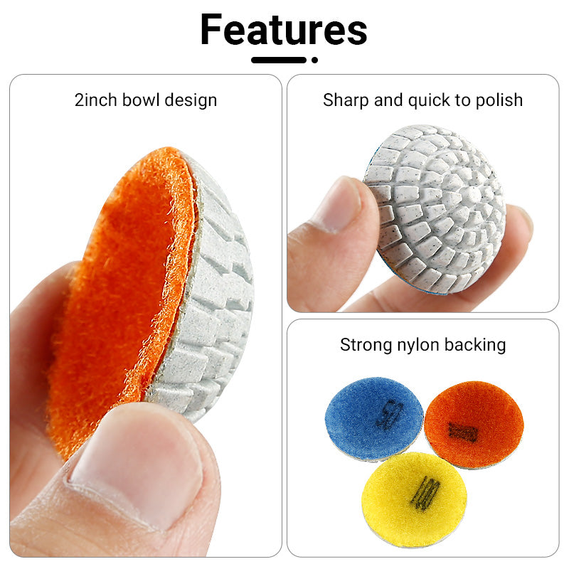 8PCS/Set 2Inch Curved Buffing Pads for Shaped Stone - Concave Surface Diamond Polishing Discs Kit with 6 Grits, Angle Grinder Mounted Accessories for Granite/Marble/Ceramic Curved Edges