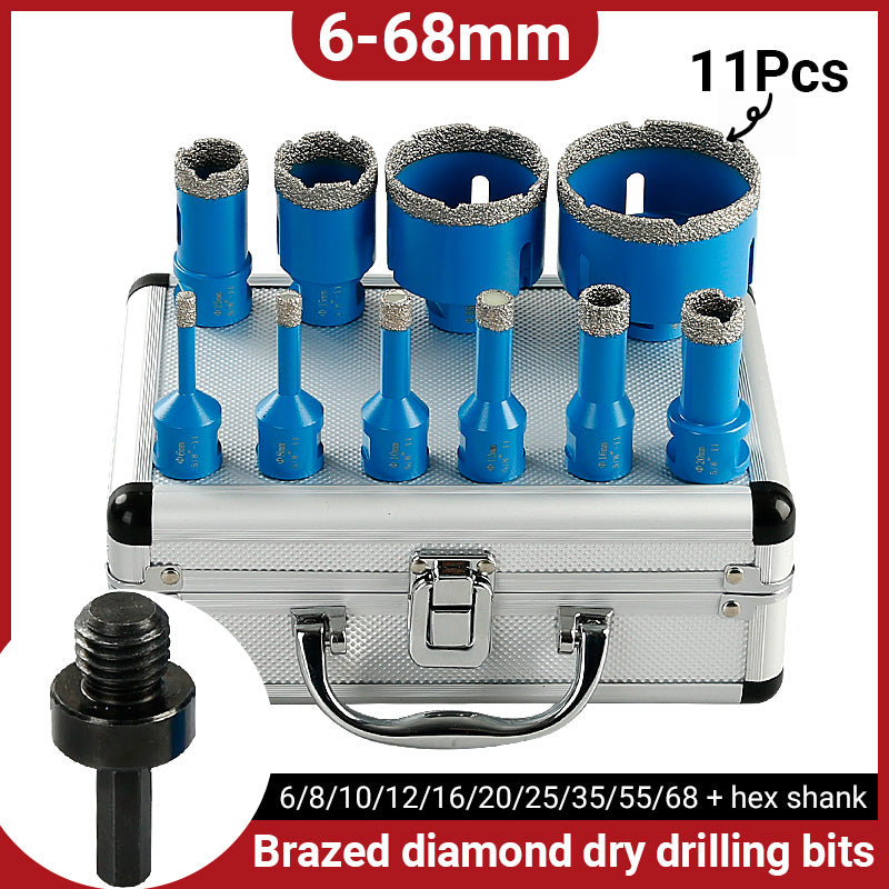 11PCS Dry Diamond Drill Bit Set (6mm-68mm) - No Water Needed for Porcelain Tile/Granite/Glass - Includes Storage Case & Angle Grinder Adapter