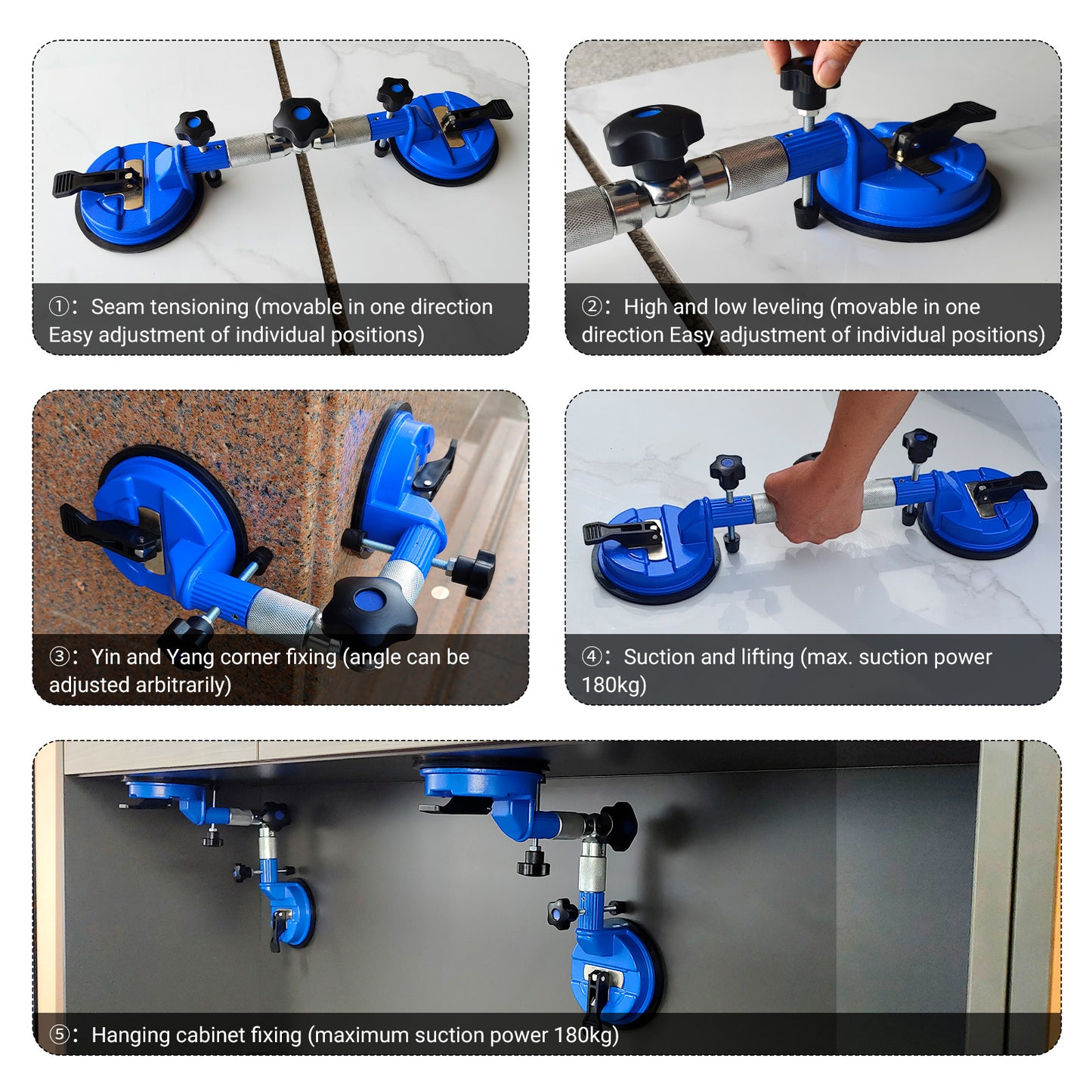 LOZLIN 2PCS Heavy Duty Vacuum Leveling Tool - 396lb Suction Clamp for Stone, Tile & Glass Countertops - Adjustable Seamless Installation Kit with Grip Handles