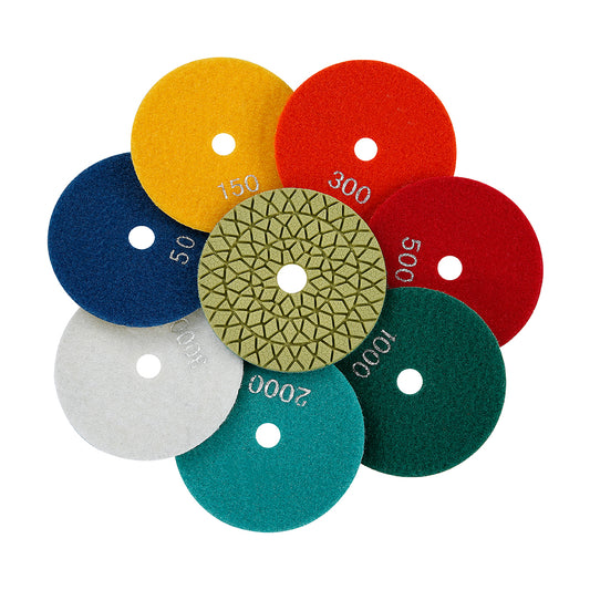 8PCS/set 4" Wet Diamond Polishing Pads Kit - #50-#3000 Grit for Concrete/Granite/Marble, Angle Grinder Backing Pad Set for Stone & Engineered Surfaces