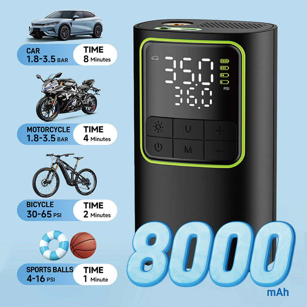Portable Rapid-Inflation Tire Inflator Rechargeable air pump with digital display, suitable for quickly inflating car, motorcycle, and bicycle tires