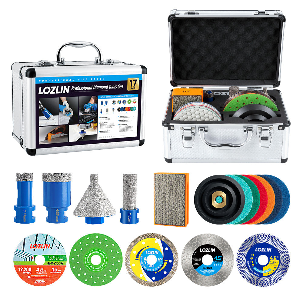 LOZLIN 17-teiliges Diamantwerkzeug-Set für Fliesenleger, professionelle Bohrer, Sägeblätter, Polierpads, Anfasbohrer und Fräser zum Schneiden und Schleifen von Porzellan, Glas, Marmor, Quarz und Stein