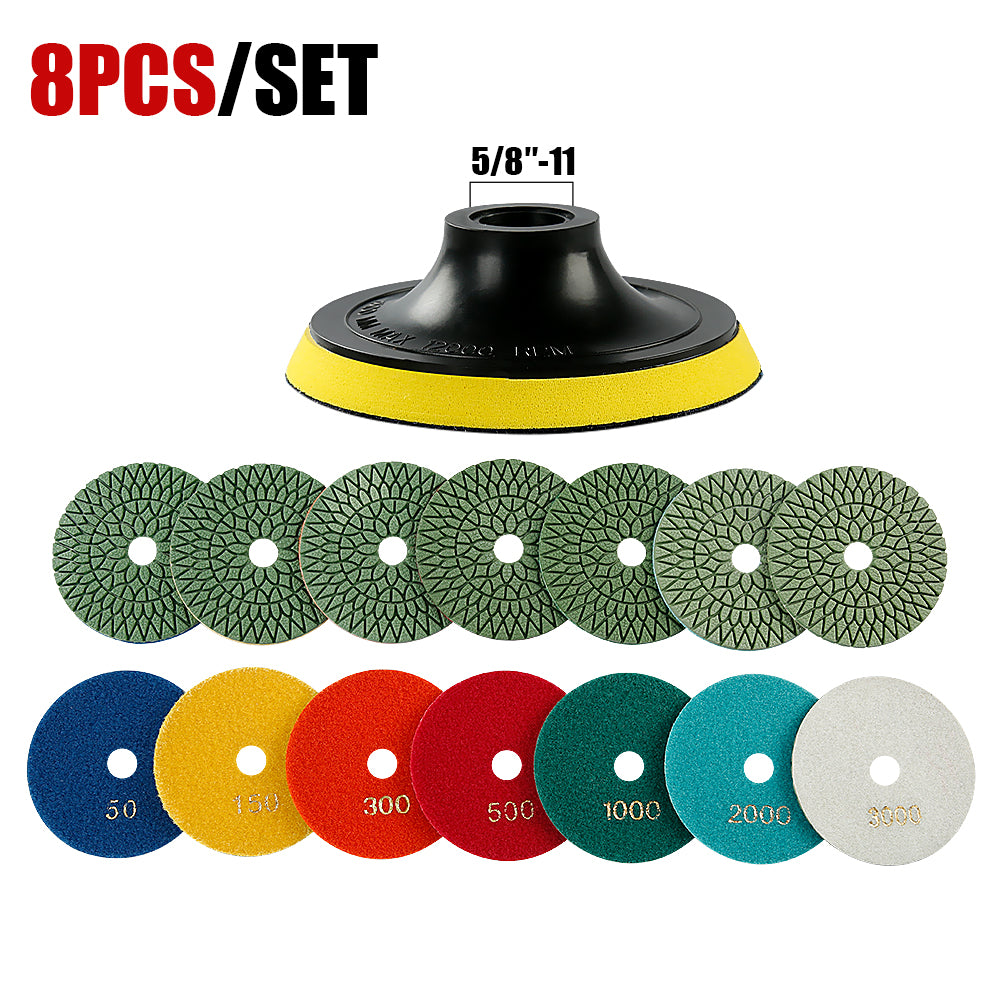 8PCS/set 4Inch Diamond Polishing Pads Set - #50-#3000 Grit Wet/Dry for Granite, Marble, Concrete & Stone, Polishing Wet Grinder