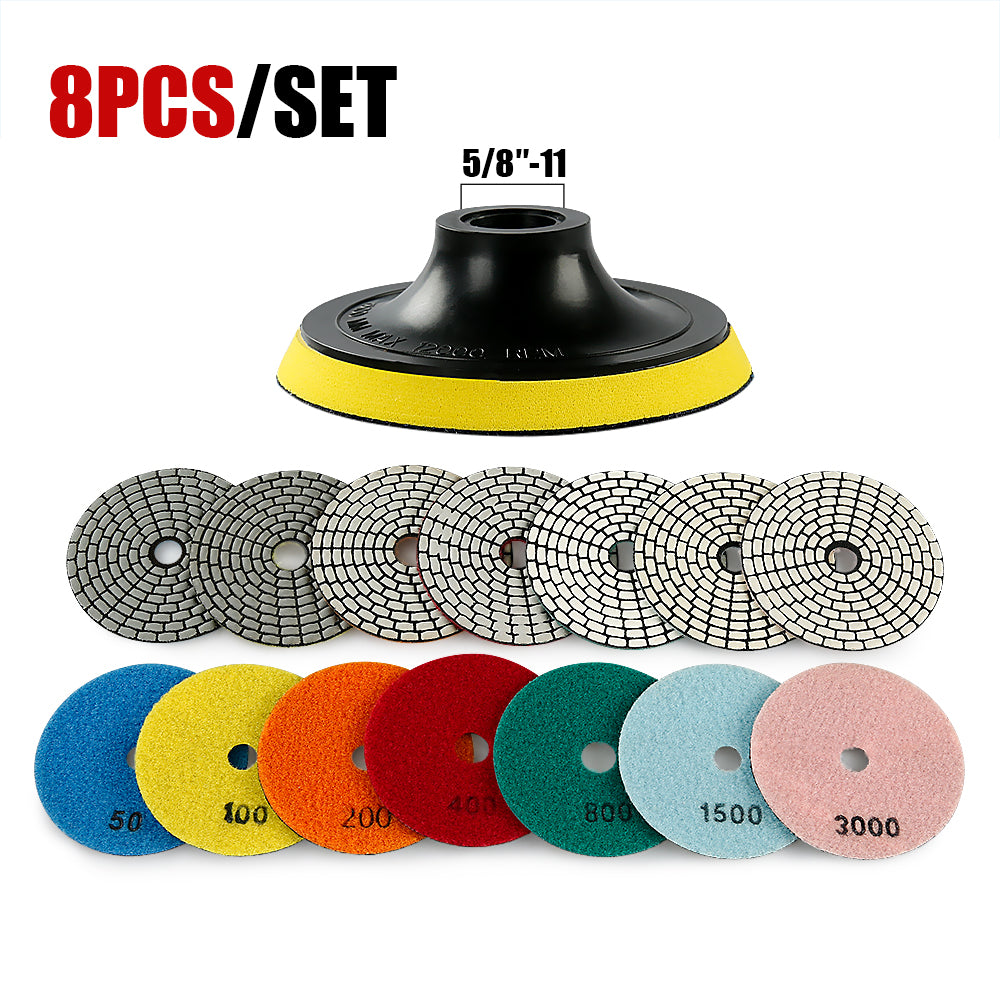 8PCS/set 4Inch Dry Diamond Polishing Pads Set - 50#-3000# Grit for Granite/Marble Stone, Discs for Angle Grinders