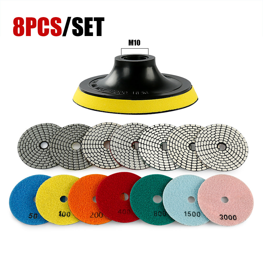 8PCS/set 4Inch Dry Diamond Polishing Pads Set - 50#-3000# Grit for Granite/Marble Stone, Discs for Angle Grinders