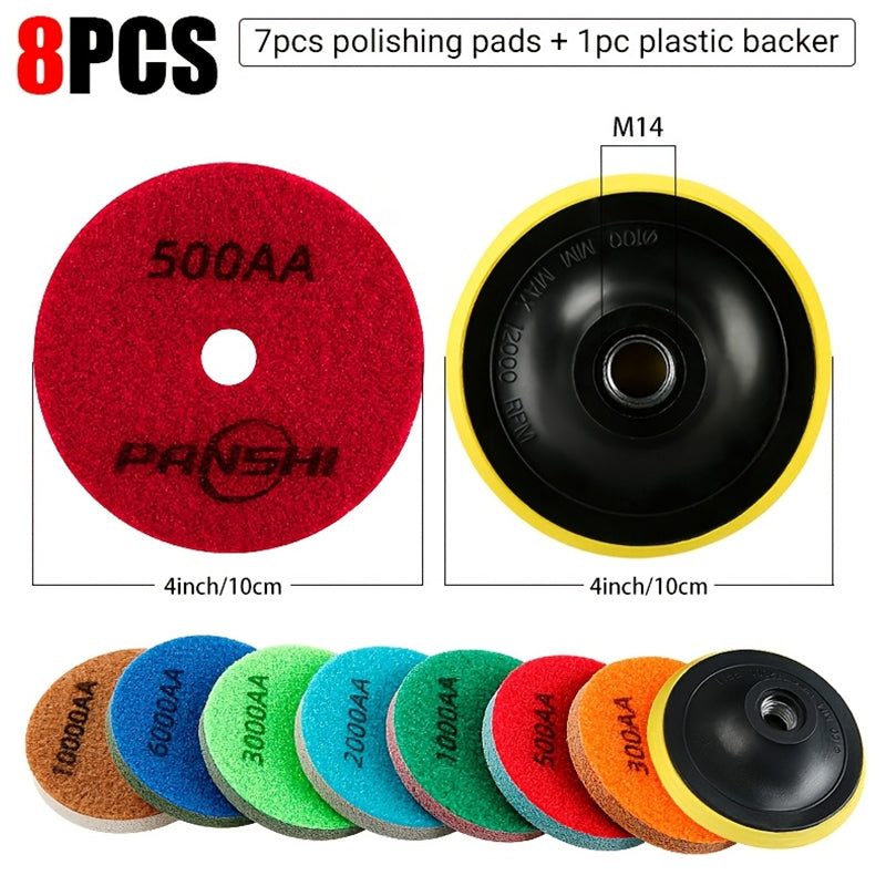 8PCS/Set Diamond Sponge Polishing Pads Set - Wet Buffing Discs for Granite, Marble & Artificial Stone - Complete 8-Step Surface Restoration & Cleaning Kit