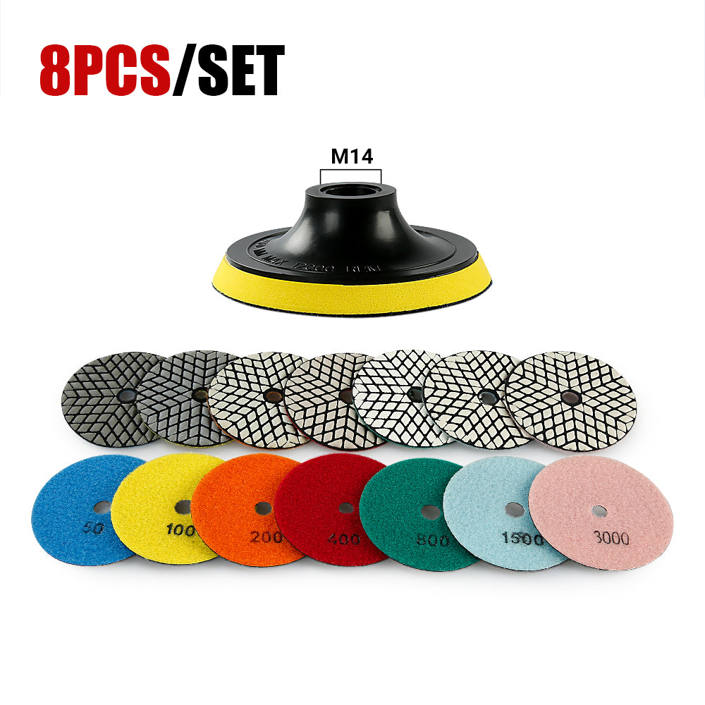 8PCS 4" Dry Diamond Polishing Pads Kit - 50#-3000# Grit for Granite/Marble/Stone, Grinder Polish Discs