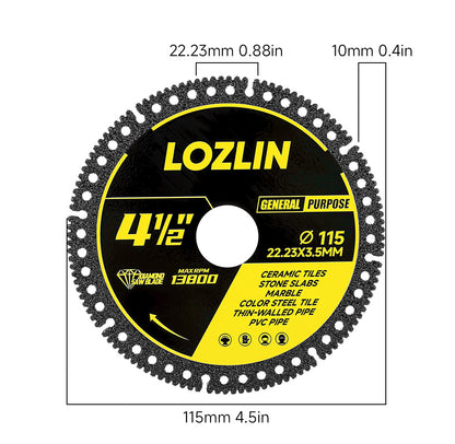 LOZLIN 4.5-inch (115 mm) Industrial Grade Diamond Cutting Blade, suitable for cutting color coated steel roofing sheets, PVC pipes, and stone a multi-purpose cutting blade