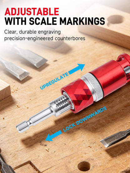 Hex-Shaft Woodworking Countersink Drill Bit with Scale, Adjustable, for Self-Tapping Screws—Multifunctional, High-Hardness Tungsten Carbide Drill Bit