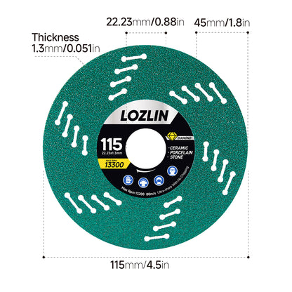 115-millimeter ultra-thin diamond saw blade for cutting tile, ceramic, and marble; debris-free mesh turbine-style cutting blade