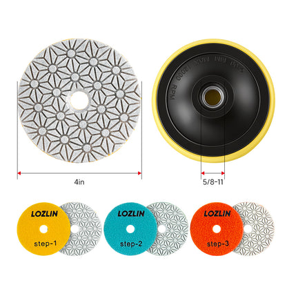 4PCS 100mm (4") Diamond Polishing Pads - Wet Use for Marble, Quartz & Granite - 3-Step Grinding/Polishing Kit for Angle Grinders