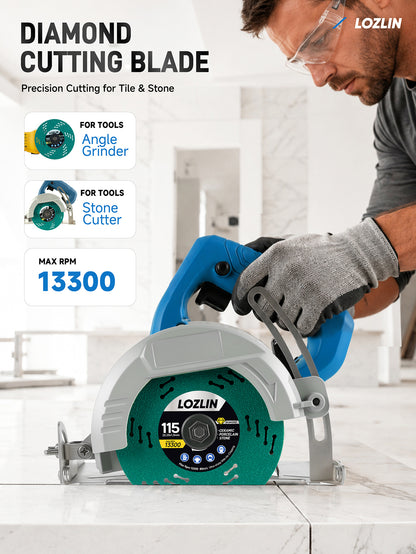 115-millimeter ultra-thin diamond saw blade for cutting tile, ceramic, and marble; debris-free mesh turbine-style cutting blade