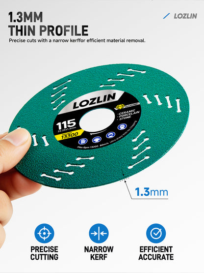 115-millimeter ultra-thin diamond saw blade for cutting tile, ceramic, and marble; debris-free mesh turbine-style cutting blade
