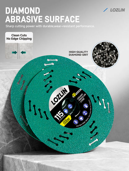115-millimeter ultra-thin diamond saw blade for cutting tile, ceramic, and marble; debris-free mesh turbine-style cutting blade