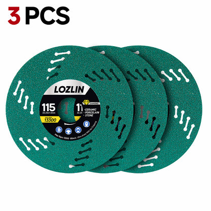 115-millimeter ultra-thin diamond saw blade for cutting tile, ceramic, and marble; debris-free mesh turbine-style cutting blade