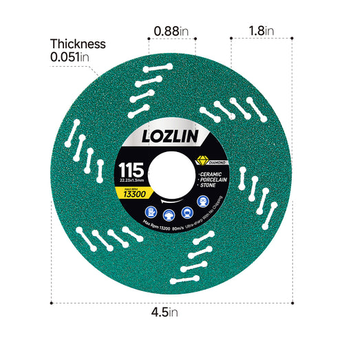 115-millimeter ultra-thin diamond saw blade for cutting tile, ceramic, and marble; debris-free mesh turbine-style cutting blade