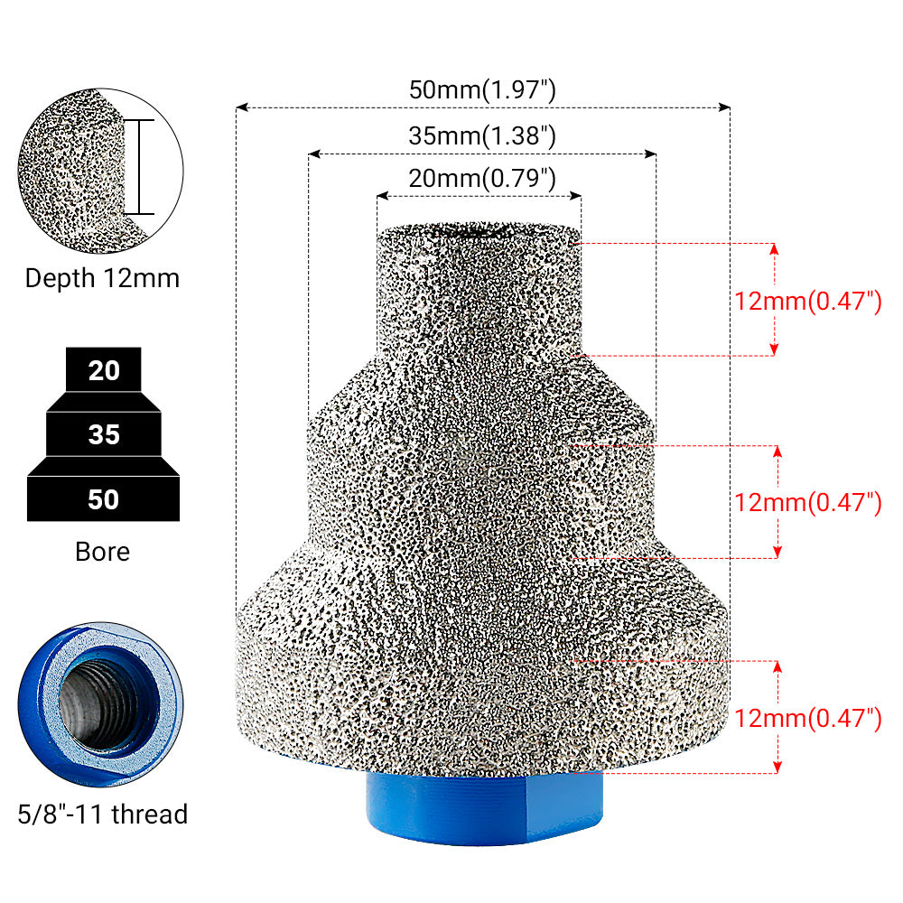 LOZLIN 0,79"-1,97" (20-35-50 mm) Diamant-Stufenfasenbohrer – Lochvergrößerung/Kantenbeschnitt für Fliesen, Marmor, Porzellan und Mauerwerk – Winkelschleifer-Bohrer 5/8-11