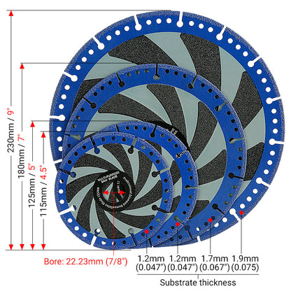 4.5"-5"-7"-9" (115-230mm) Diamond Cutting Blades - Multi-Material Angle Grinder Discs for Metal Stone Marble & Steel/Iron - Dry Cutting Saw Blades