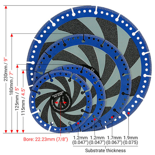 4.5"-5"-7"-9" (115-230mm) Diamond Cutting Blades - Multi-Material Angle Grinder Discs for Metal Stone Marble & Steel/Iron - Dry Cutting Saw Blades
