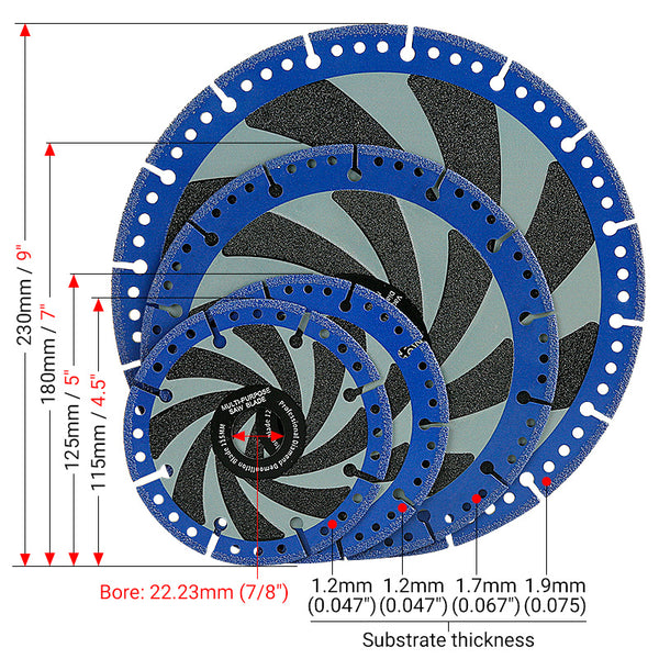4.5"-5"-7"-9" (115-230mm) Diamond Cutting Blades - Multi-Material Angle Grinder Discs for Metal Stone Marble & Steel/Iron - Dry Cutting Saw Blades